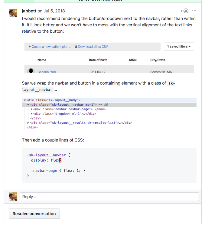 Example code review comment